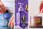 Halloween hand sanitizer, hand soap & candle (3 lifestyle images)