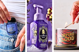 Halloween hand sanitizer, hand soap & candle (3 lifestyle images)