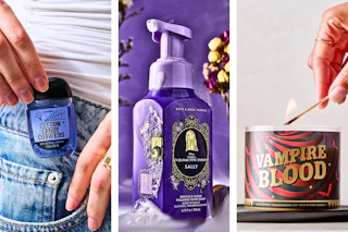 Halloween hand sanitizer, hand soap & candle (3 lifestyle images)