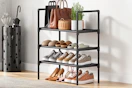 Lifestyle image of a 3-tier shoe rack in home setting 