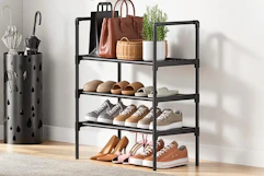 Lifestyle image of a 3-tier shoe rack in home setting 