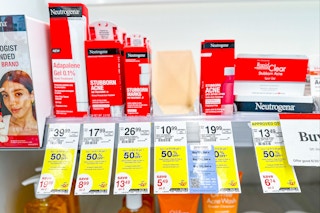 neutrogena acne skincare products on store shelf with BOGO 50% sale tags