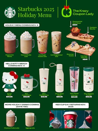 a graphic showing all of the menu items and merchandise for starbucks holiday