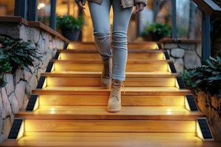 a woman walking on solar path lights