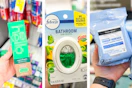 collage image of hello toothpaste, febreze bathroom air freshener, and neutrogena makeup wipes
