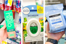 collage image of hello toothpaste, febreze bathroom air freshener, and neutrogena makeup wipes