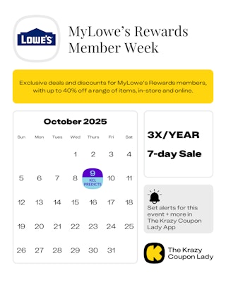 Calendar graphic of MyLowe's Rewards Week predicted for October 9 2025