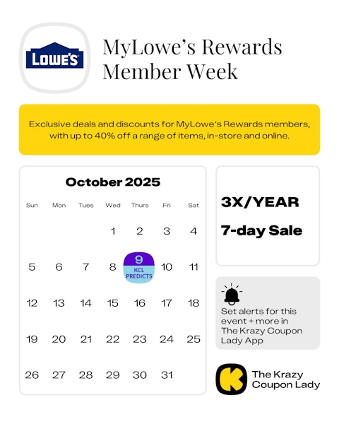 Calendar graphic of MyLowe's Rewards Week predicted for October 9 2025
