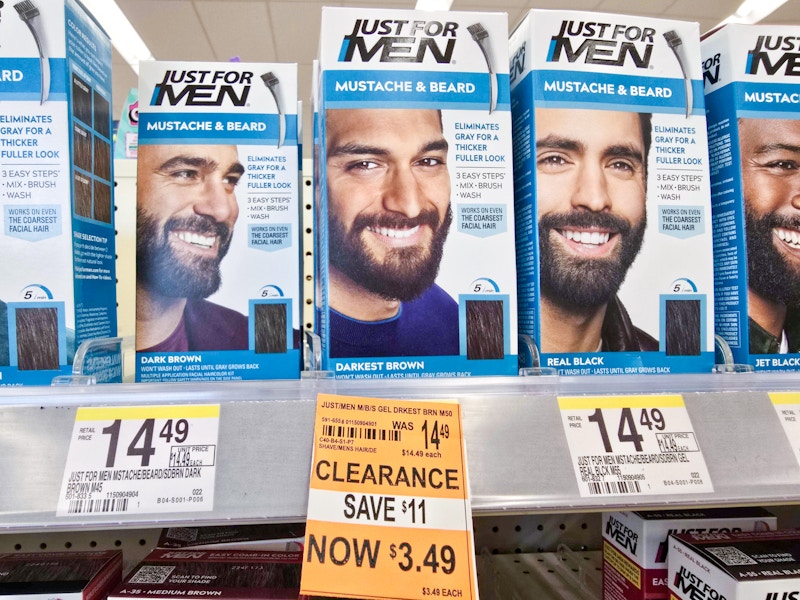 just for men mustache & beard color kit with a $3.49 clearance sign