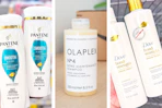 collage image of pantene, olaplex, and dove shampoo