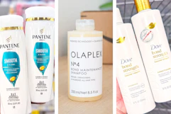 collage image of pantene, olaplex, and dove shampoo