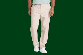 Close up shot of model wearing  "Light Taupe" All in Motion Men's Commuter Pants 