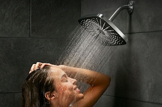 a rain shower head in a bathroom