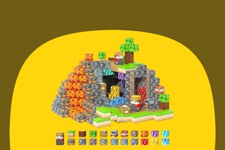 A set of 100 cube-shaped magnetic building blocks for kids is styled to look like Minecraft. Different block designs are shown.