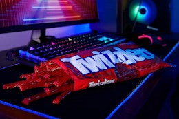 a bag of Twizzlers on a keyboard next to a computer
