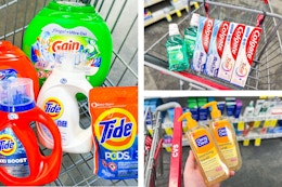 collage image of tide and gain laundry products, colgate toothpaste, and clean & clear cleanser