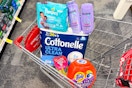 pampers wipes, loreal elvive shampoo, cottonelle toilet paper, tide pods, and venus razors in a cart