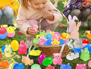 mochi squishie toys in an Easter egg hunt