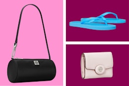 Tory Burch bag, flip-flops, and wallet.