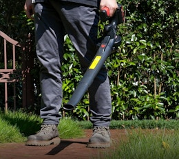 a person holding a leaf blower outside