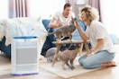 A rectangular white air purifier that cleans a room up to 2100 square feet