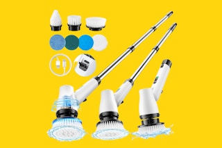 A rechargeable spin scrubber with a telescoping handle and several brush heads of different toughness