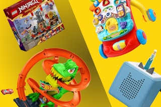 Lego Ninjago set, Hot Wheels T-Rex set, VTech walker, Toniebox