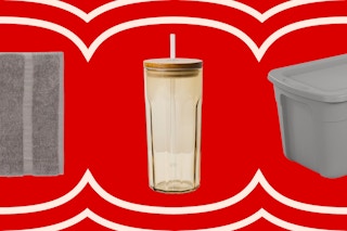 gray towel, Magnolia drink tumblers, and Brightroom storage tote