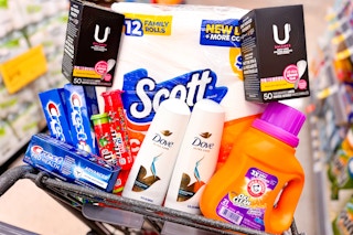 shopping cart full of items from Walgreens haul