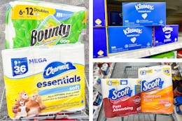collage image of bounty, charmin, scott, and kleenex paper products