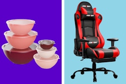 Plastic mixing bowl set & gaming chair stock photos of Walmart clearance deals