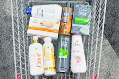 shopping cart with dove body washes and bars