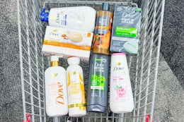 shopping cart with dove body washes and bars