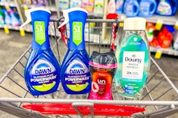 dawn powerwash, downy unstoppables, and downy fabric rinse in a cart