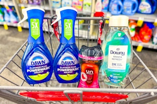dawn powerwash, downy unstoppables, and downy fabric rinse in a cart