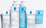 skincare products in blue and white bottles