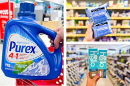 collage image of purex detergent, hello toothpaste, and neutrogena wipes
