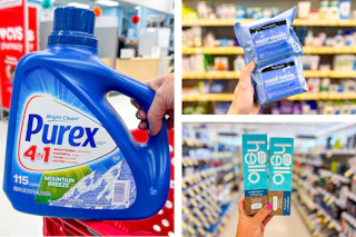 collage image of purex detergent, hello toothpaste, and neutrogena wipes