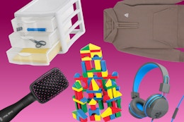 Sterilite storage, Reebok men's hoodie, Melissa & Doug blocks, JLab headphones