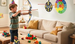 a kid in a living room playing with a bow and arrow set
