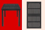 2 stock images of a black plastic outdoor table