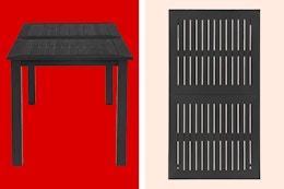 2 stock images of a black plastic outdoor table