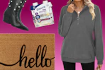 black western boots, Ensure protein shakes, Hello doormat, and gray women's sweatshirt