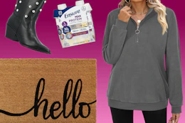 black western boots, Ensure protein shakes, Hello doormat, and gray women's sweatshirt