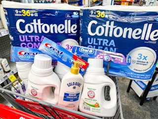 shopping cart with cottonelle, crest, arm & hammer, gold bond, oral-b