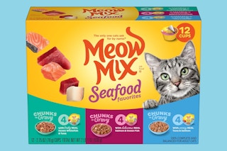 meow mix cans on blue background