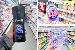 collage with axe body wash, softsoap refill, and snuggle dryer sheets