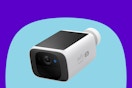 A solar outdoor security camera about the size of a brick. There's a solar panel on top, and a lens on the front