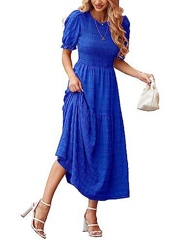 Womens Puff Sleeve Smocked Ruffle Maxi Dress