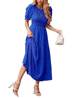Womens Puff Sleeve Smocked Ruffle Maxi Dress